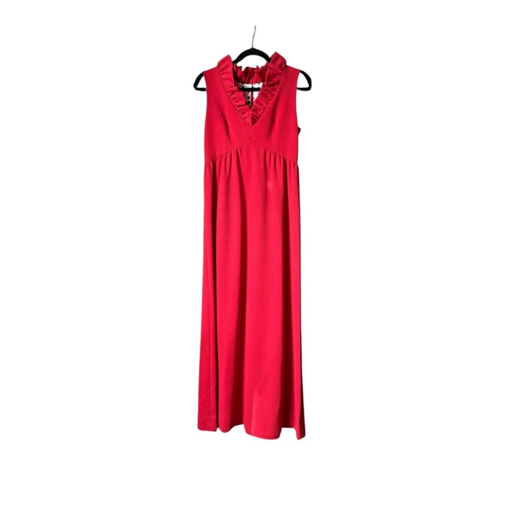 VINTAGE 1970s Sleeveless Empire Waist Ruffle V Neck Crepe Dress in Tomato Red